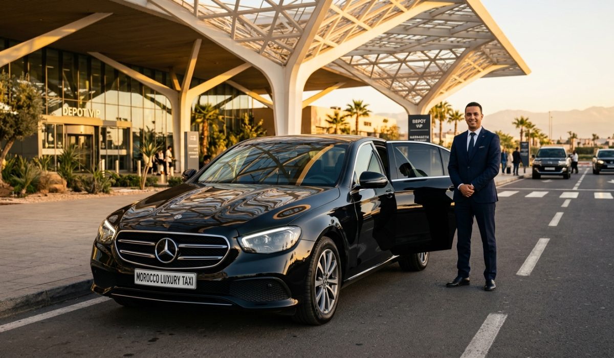 Black Mercedes-Benz E-Class with MoroccoLuxuryTaxi Plate at Marrakech Airport