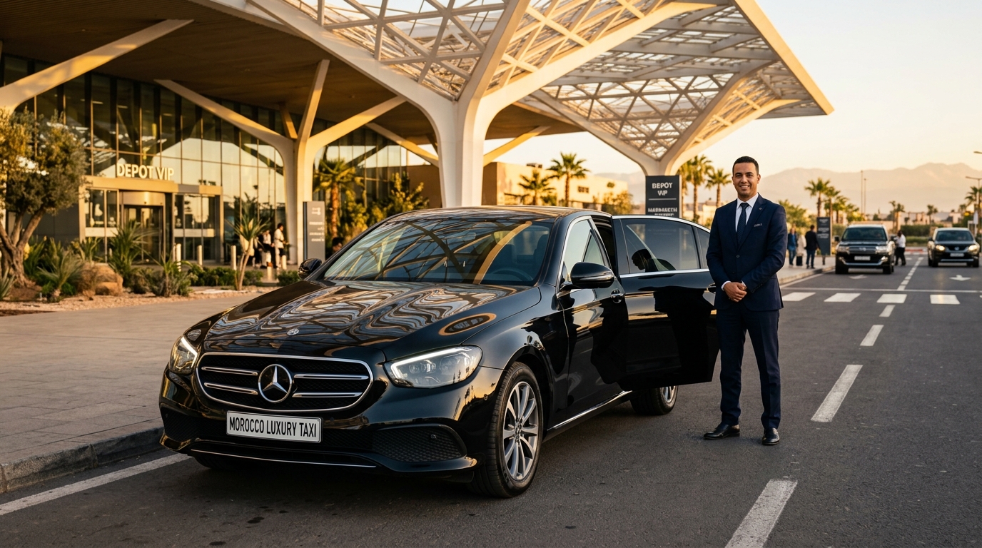 Black Mercedes-Benz E-Class with MoroccoLuxuryTaxi Plate at Marrakech Airport