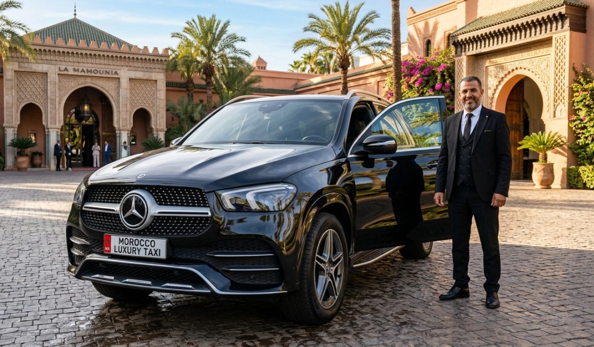 Black Mercedes-Benz GLE Luxury SUV with MoroccoLuxuryTaxi Plate at La Mamounia Marrakech