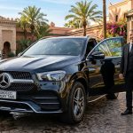 Black Mercedes-Benz GLE Luxury SUV with MoroccoLuxuryTaxi Plate at La Mamounia Marrakech