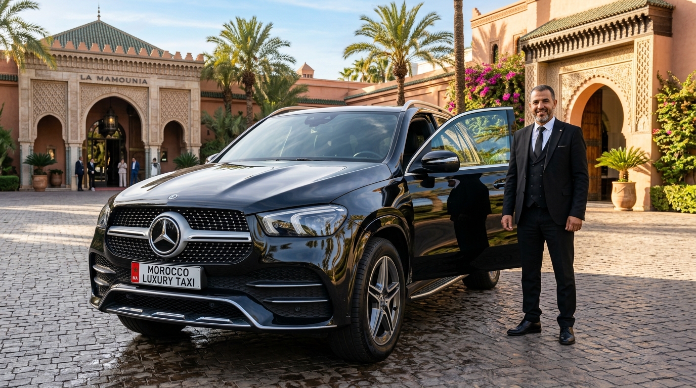 Black Mercedes-Benz GLE Luxury SUV with MoroccoLuxuryTaxi Plate at La Mamounia Marrakech