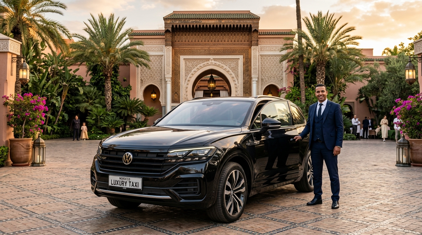 Black Volkswagen Touareg R-Line with MoroccoLuxuryTaxi Plate at Royal Mansour Marrakech